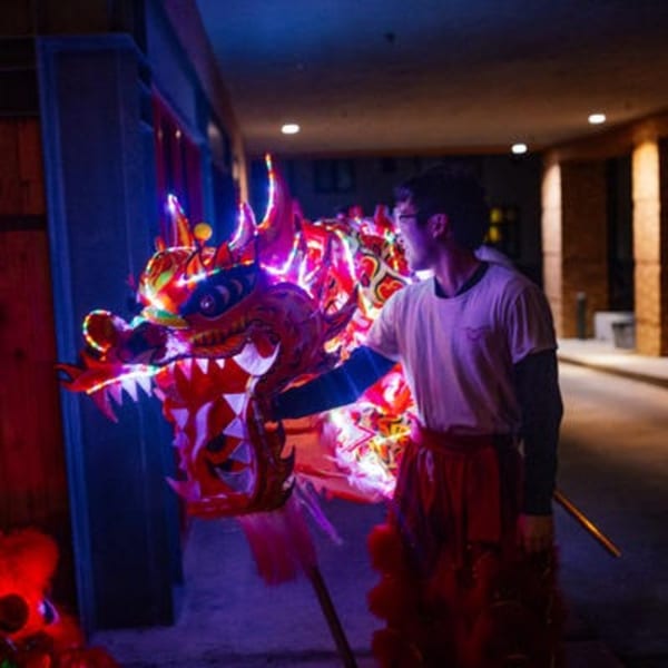 A person in a red skirt and white shirt holds a vibrant, illuminated Chinese dragon costume at night.