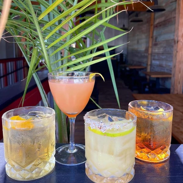 Four colorful cocktails, including a margarita and an Old Fashioned, on a dark table with palm leaves.